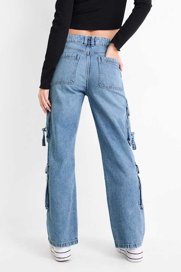 Femei - Cargo jeans - talie joasă - relaxed fit - denim-albastru