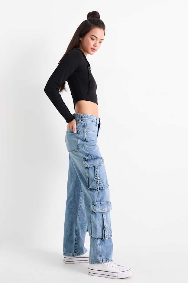 Femei - Cargo jeans - talie joasă - relaxed fit - denim-albastru
