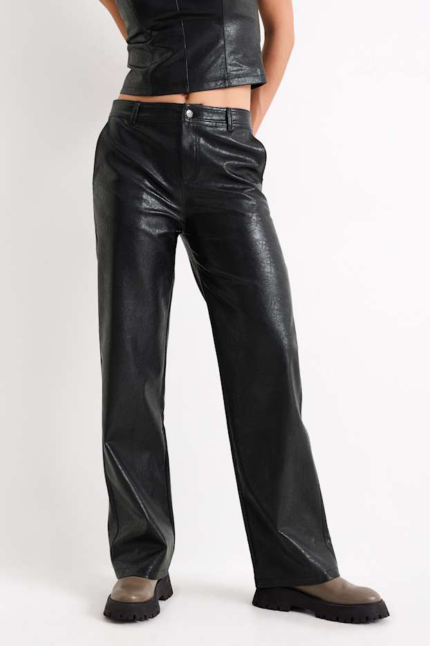 Women - Trousers - mid-rise waist - wide leg - faux leather - black