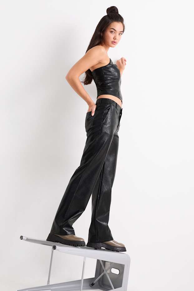 Women - Trousers - mid-rise waist - wide leg - faux leather - black
