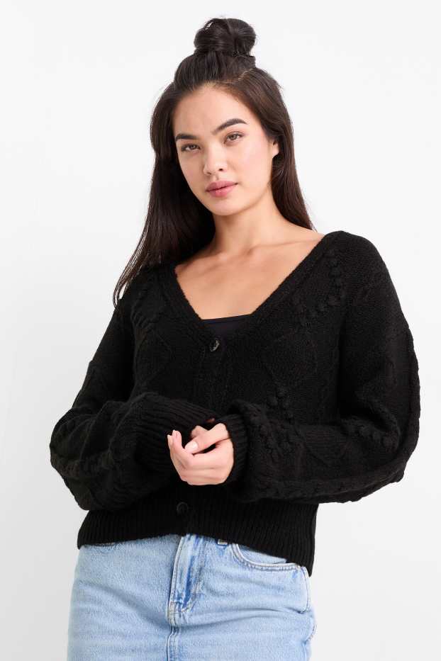 Women - Cardigan - textured - black