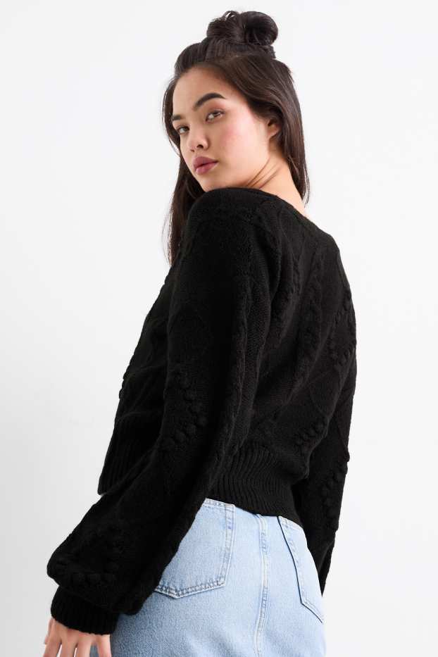 Women - Cardigan - textured - black