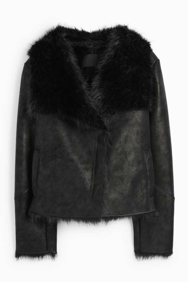 Femei - Jachetă din piele shearling falsă - imitație de piele - negru