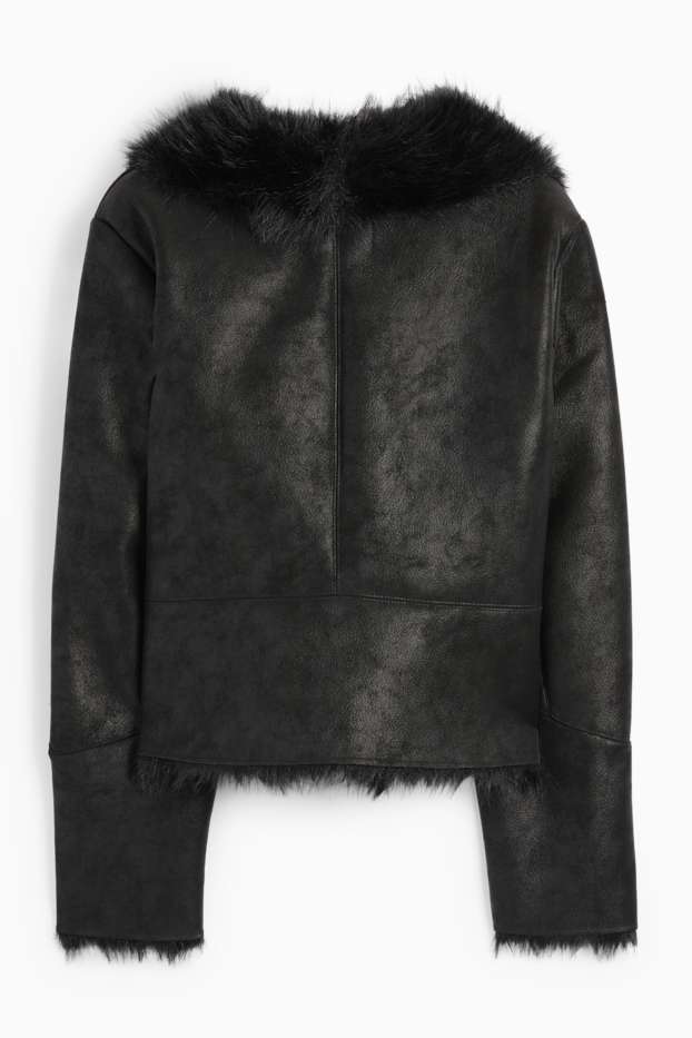 Femei - Jachetă din piele shearling falsă - imitație de piele - negru