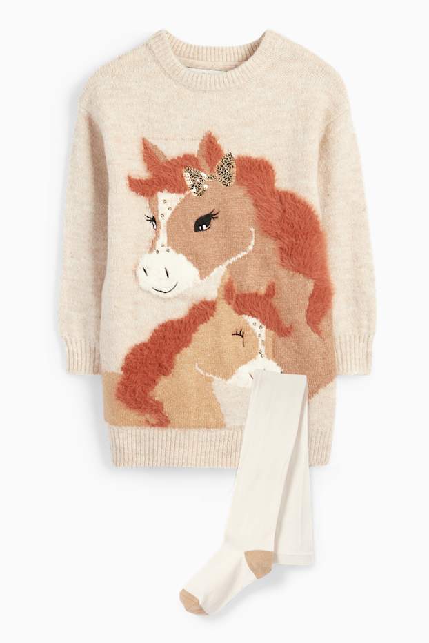 Enfants filles - Chevaux - ensemble - robe de maille et collants - 2 pièces - marron clair