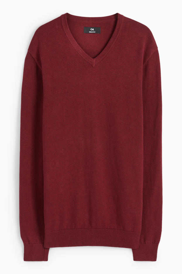 Bărbați - Pulover din tricot fin și cămașă - regular fit - guler Kent - bordo