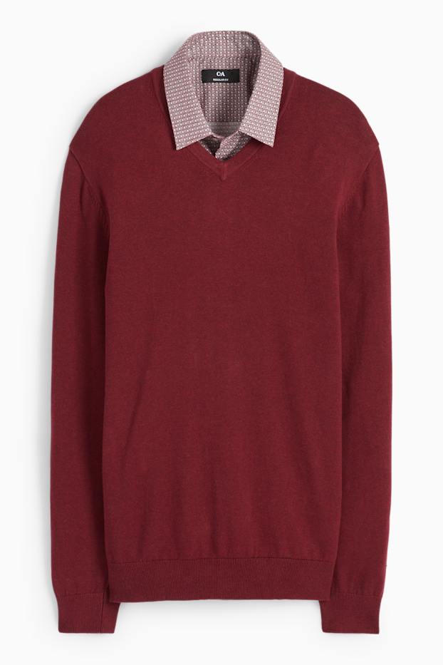 Bărbați - Pulover din tricot fin și cămașă - regular fit - guler Kent - bordo