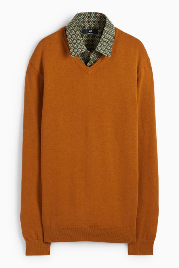 Herren - Feinstrick-Pullover und Hemd - Regular Fit - Kent - braun