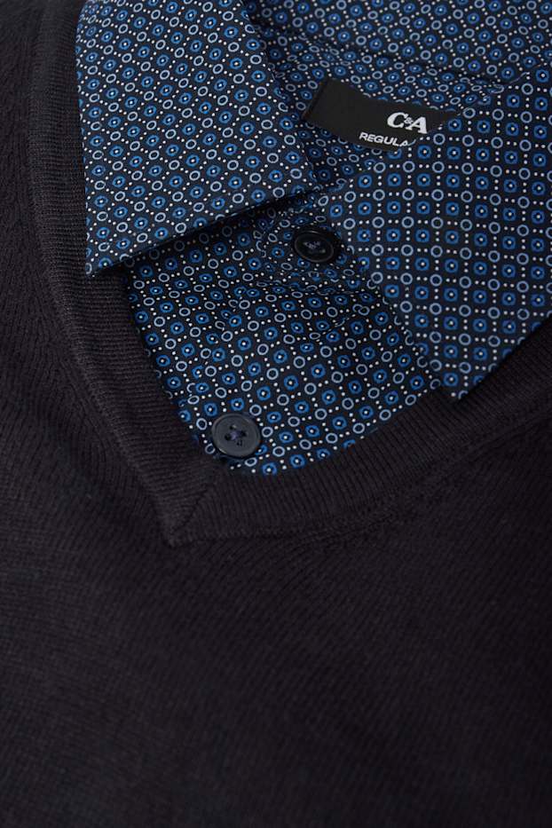 Hommes - Pullover en fine maille et chemise - regular fit - col kent - bleu foncé