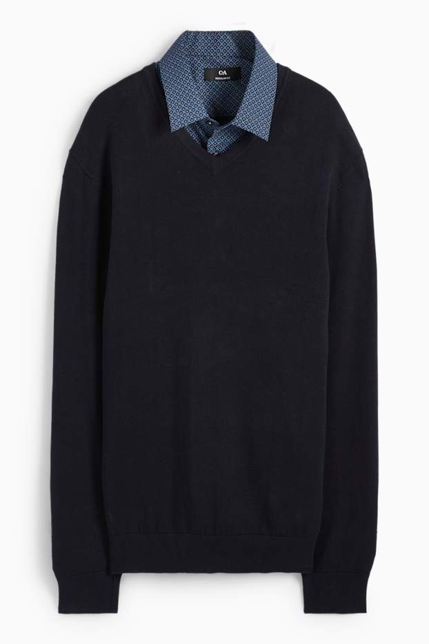 Hommes - Pullover en fine maille et chemise - regular fit - col kent - bleu foncé