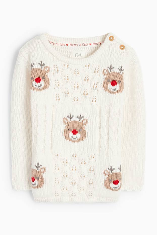 Baby Mädchen - Rudolf - Baby-Weihnachtspullover - Zopfmuster - cremefarben