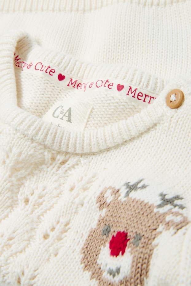 Baby Mädchen - Rudolf - Baby-Weihnachtspullover - Zopfmuster - cremefarben
