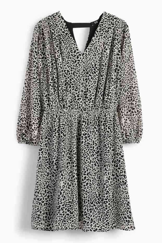 Dames - Jurk van chiffon, met V-hals - luipaardprint - met structuur - lichtgrijs