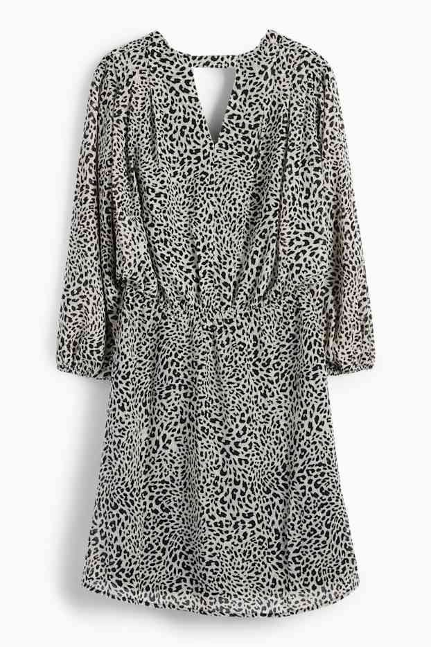 Dames - Jurk van chiffon, met V-hals - luipaardprint - met structuur - lichtgrijs