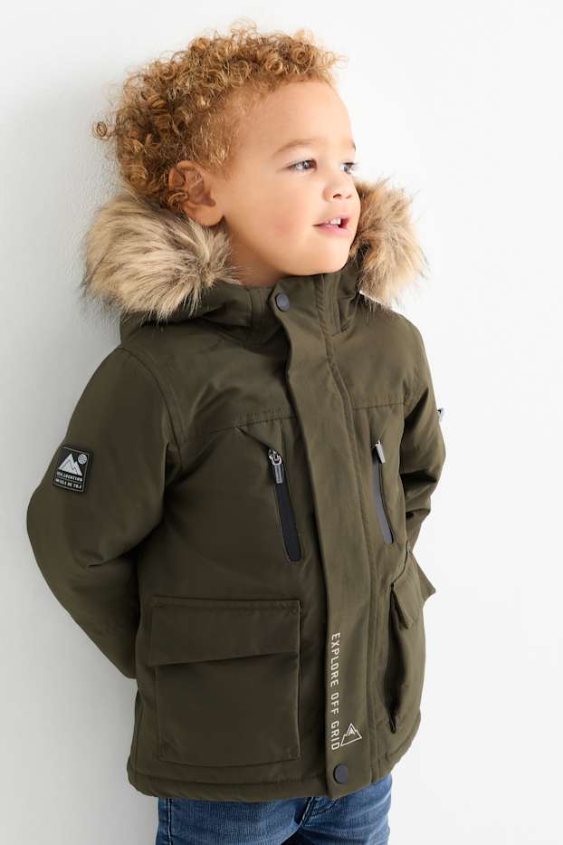 Enfants garçons - Veste à capuche, dotée d'une garniture d'imitation fourrure - imperméable - vert foncé