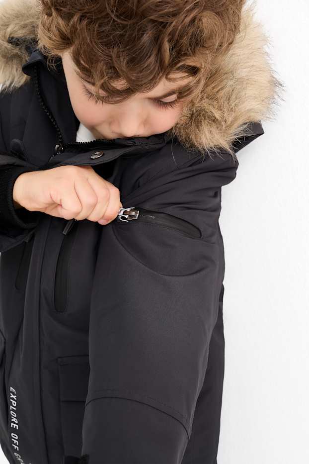 Bambini - Giacca con cappuccio ed ecopelliccia - impermeabile - nero