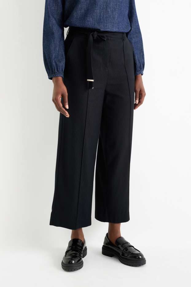 Dona - Pantalons de tela - high waist - wide leg - de ratlla diplomàtica - blau fosc