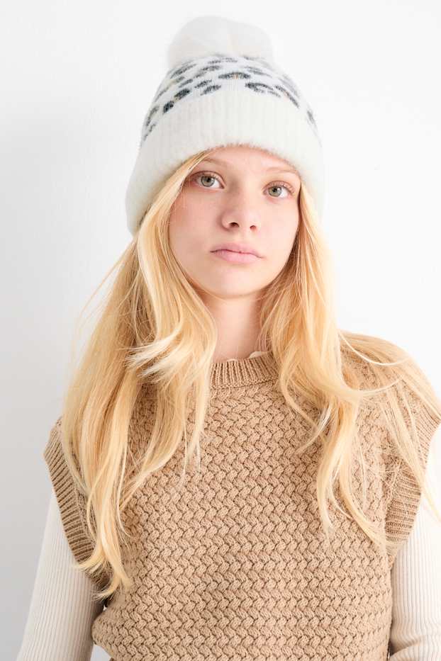 Enfants filles - Bonnet à pompons - à motif - blanc