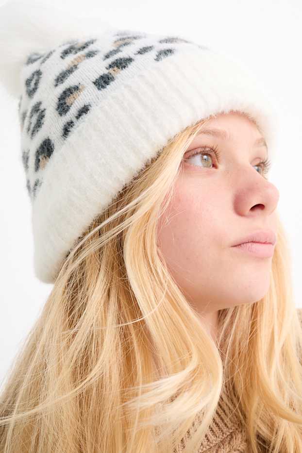 Enfants filles - Bonnet à pompons - à motif - blanc