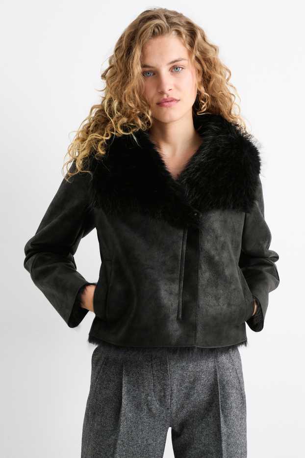 Femei - Jachetă din piele shearling falsă - imitație de piele - negru