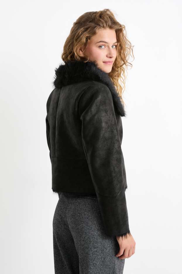 Femei - Jachetă din piele shearling falsă - imitație de piele - negru
