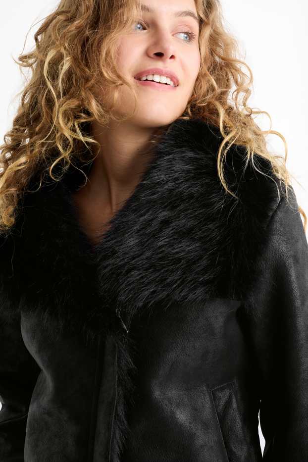 Femei - Jachetă din piele shearling falsă - imitație de piele - negru
