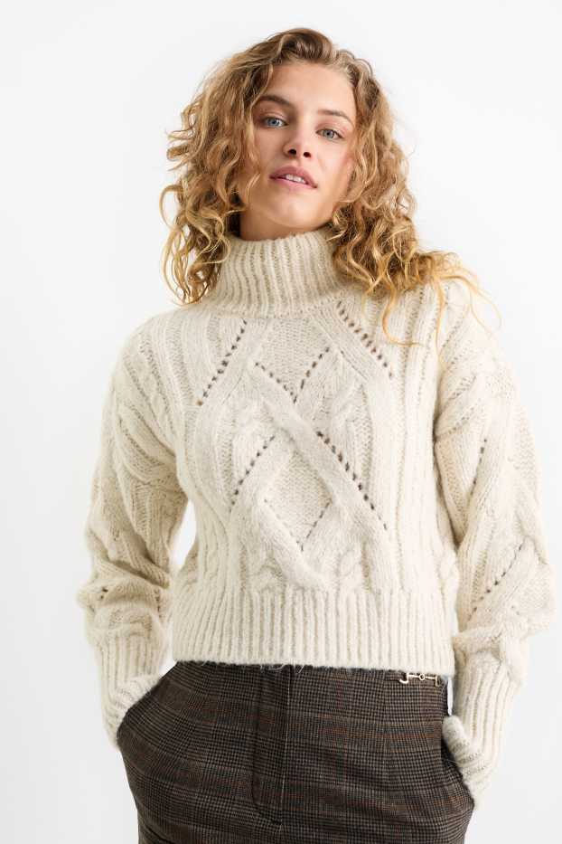 Femmes - Pullover - motif tressé - blanc crème