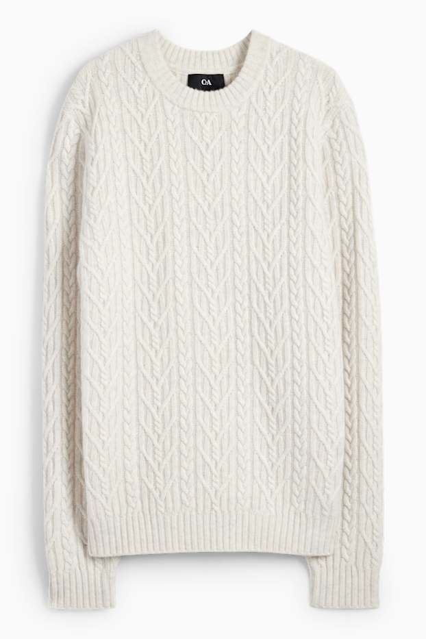 Herren - Pullover mit Kaschmir-Anteil - Woll-Mix - Zopfmuster - cremeweiß