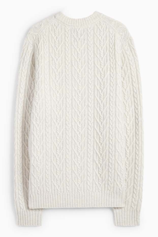 Herren - Pullover mit Kaschmir-Anteil - Woll-Mix - Zopfmuster - cremeweiß