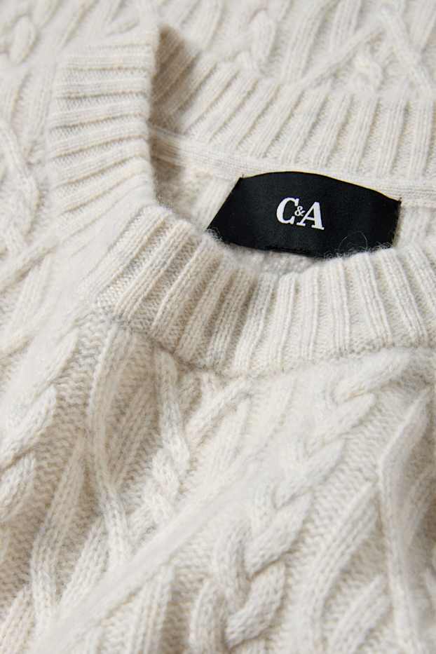 Herren - Pullover mit Kaschmir-Anteil - Woll-Mix - Zopfmuster - cremeweiß