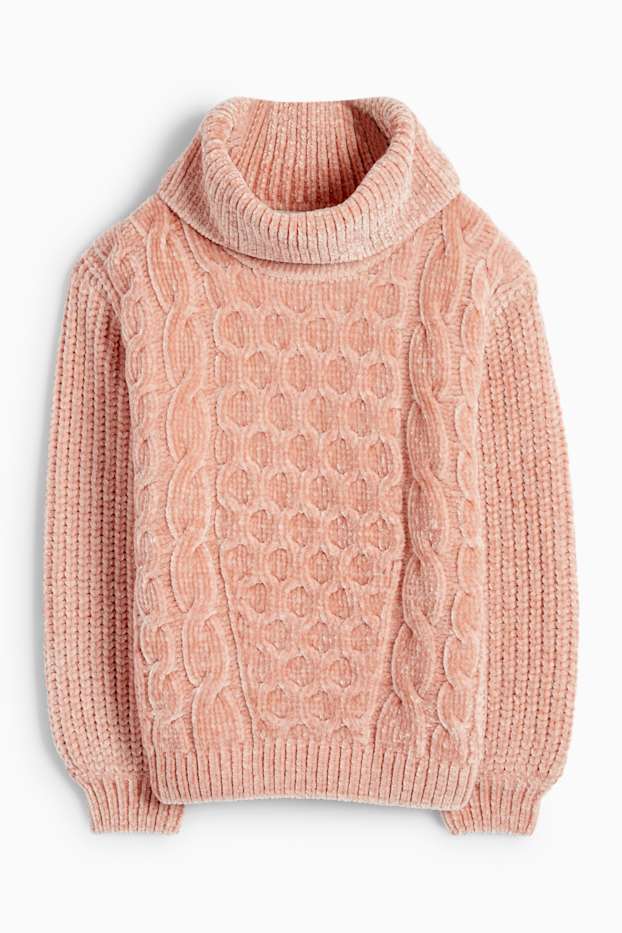 Enfants filles - Pull à col roulé en maille chenille - côtelé - motif tressé - rose foncé