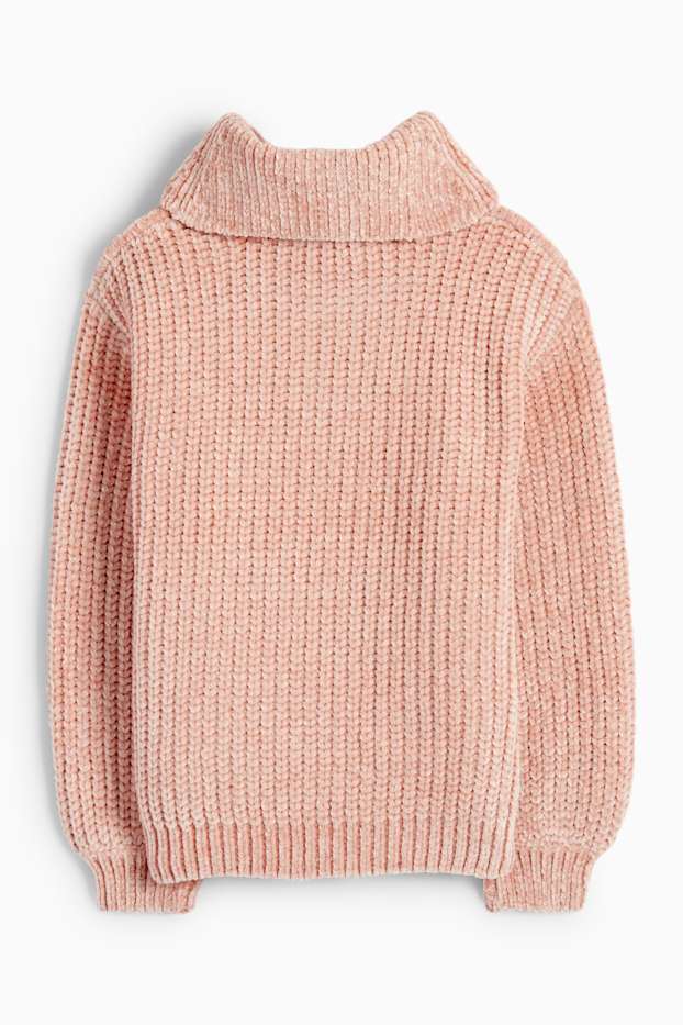Enfants filles - Pull à col roulé en maille chenille - côtelé - motif tressé - rose foncé