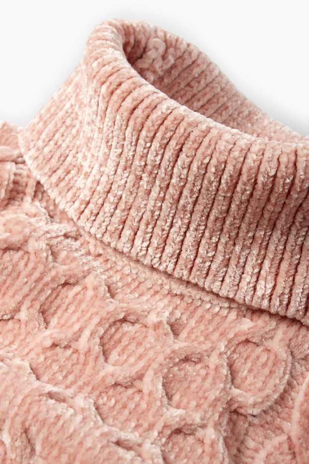 Enfants filles - Pull à col roulé en maille chenille - côtelé - motif tressé - rose foncé