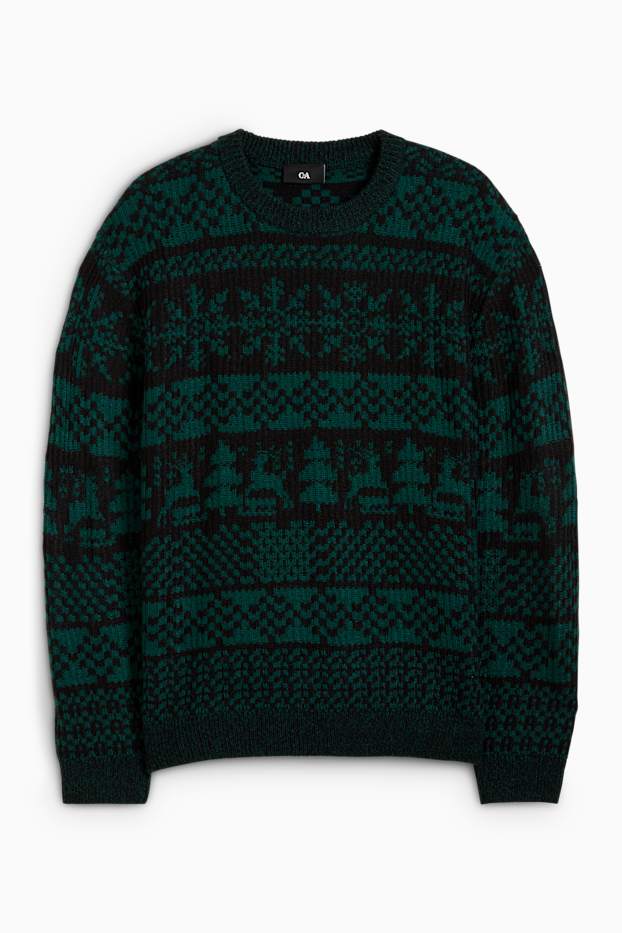 Hommes - Pullover de Noël - renne, flocon de neige et sapin de Noël - vert foncé