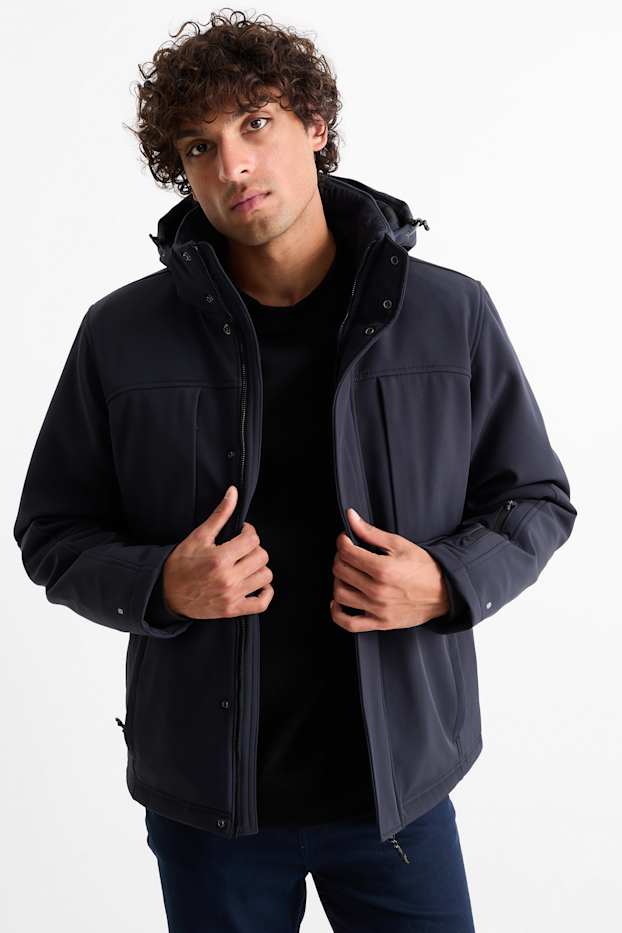Heren - Softshelljas met capuchon - 4 Way Stretch - waterafstotend - donkerblauw