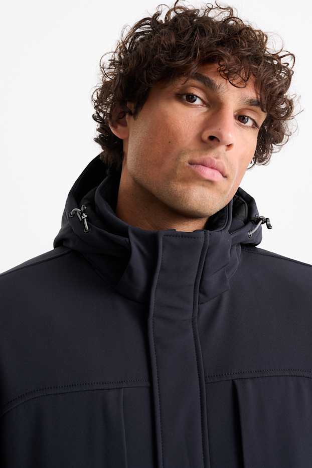 Heren - Softshelljas met capuchon - 4 Way Stretch - waterafstotend - donkerblauw