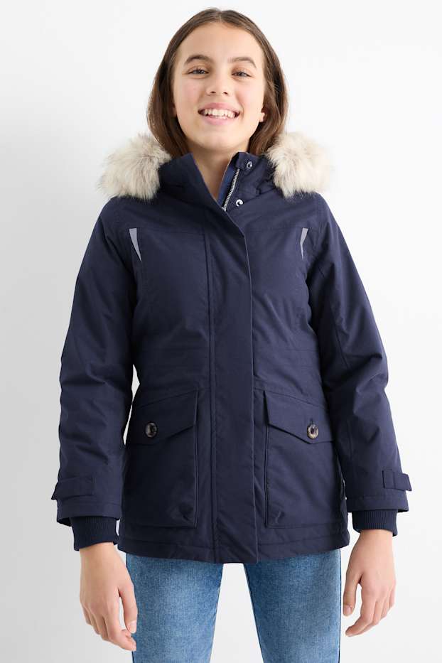 Bambine - Giacca con cappuccio ed ecopelliccia - impermeabile - blu scuro