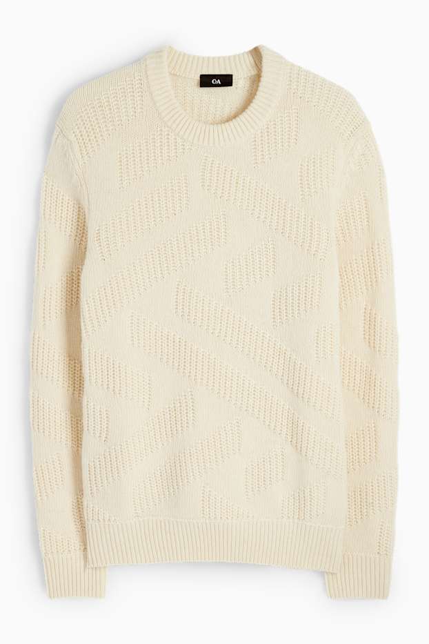 Pánské - Svetr - vlněná směs - ze strukturovaného materiálu - krémově bílá