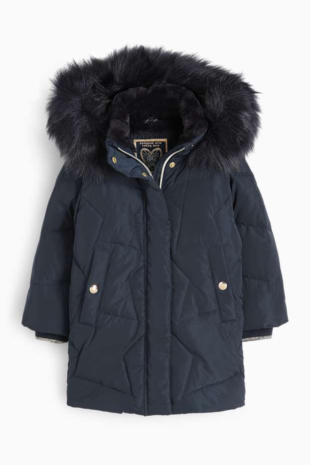 Children Girls - Down jacket with hood and faux fur trim - dark blue