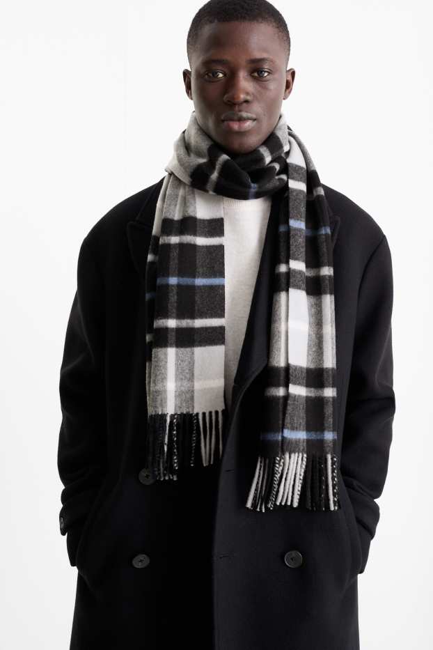 Hombre - Bufanda con flecos y mezcla de cachemir - mezcla de lana - de cuadros - negro