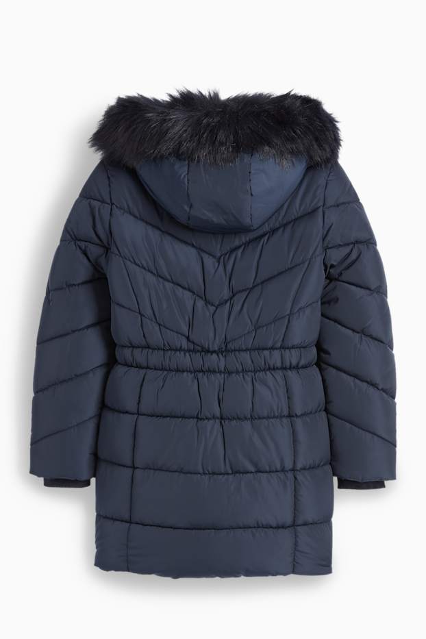 Bambine - Cappotto trapuntato con cappuccio e riporto di ecopelliccia. - blu scuro