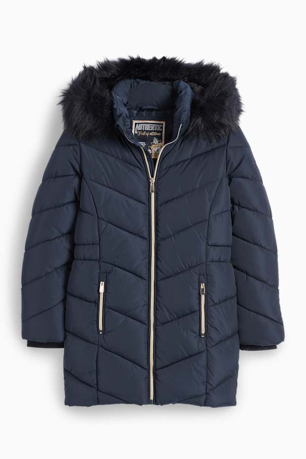 Bambine - Cappotto trapuntato con cappuccio e riporto di ecopelliccia. - blu scuro