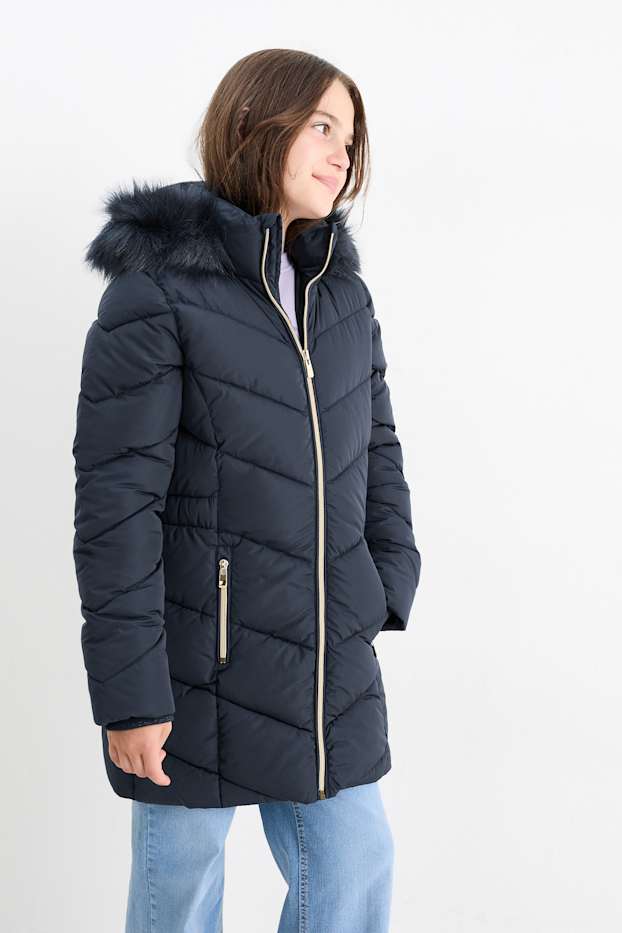 Bambine - Cappotto trapuntato con cappuccio e riporto di ecopelliccia. - blu scuro