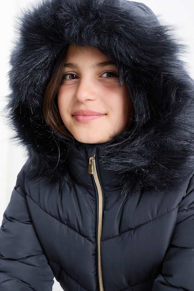 Bambine - Cappotto trapuntato con cappuccio e riporto di ecopelliccia. - blu scuro