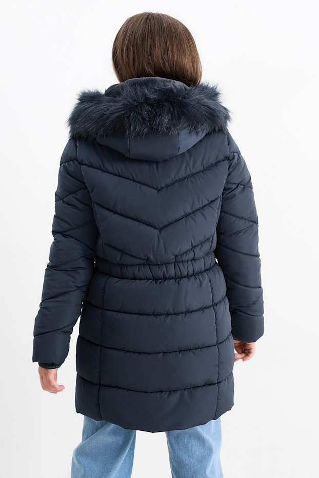Bambine - Cappotto trapuntato con cappuccio e riporto di ecopelliccia. - blu scuro