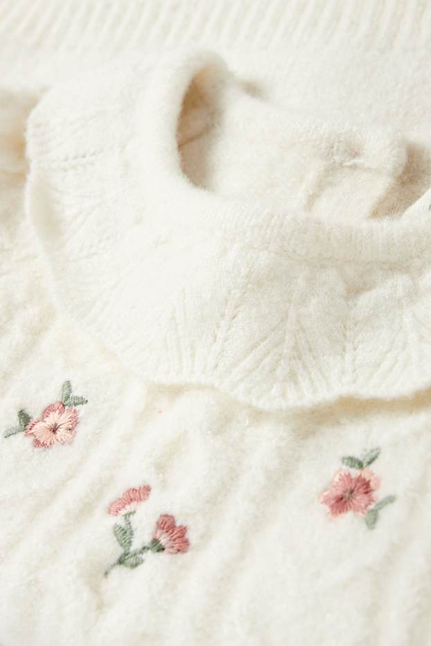 Baby Mädchen - Blümchen - Baby-Pullover - Zopfmuster - cremeweiß