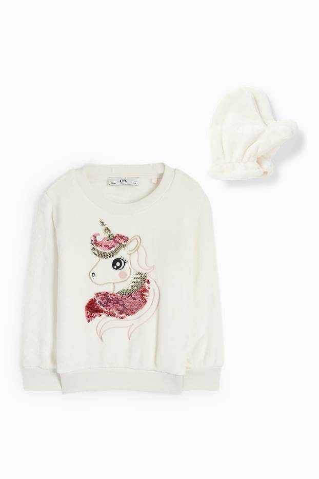 Enfants filles - Licorne - ensemble - sweat et moufles - deux pièces - blanc crème