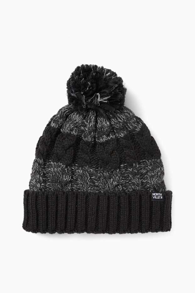 Enfants garçons - Bonnet à pompon - à rayures - motif tressé - gris foncé