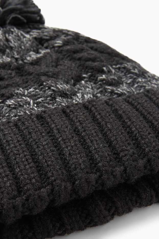 Enfants garçons - Bonnet à pompon - à rayures - motif tressé - gris foncé