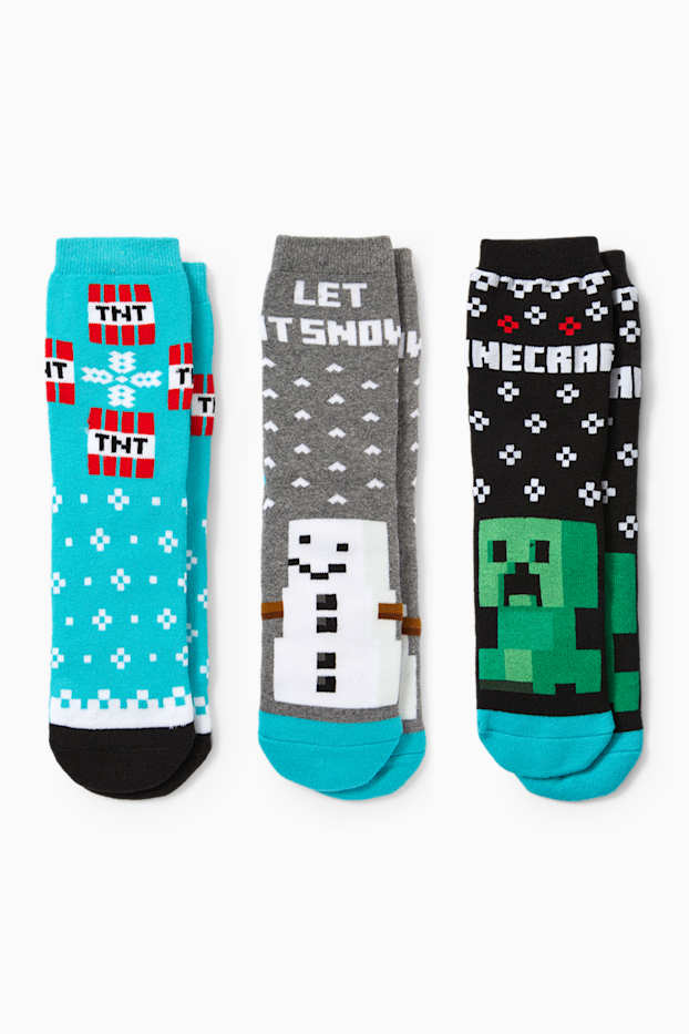 Bambini - Confezione da 3 - Minecraft - calde calze natalizie con motivo - grigio / nero